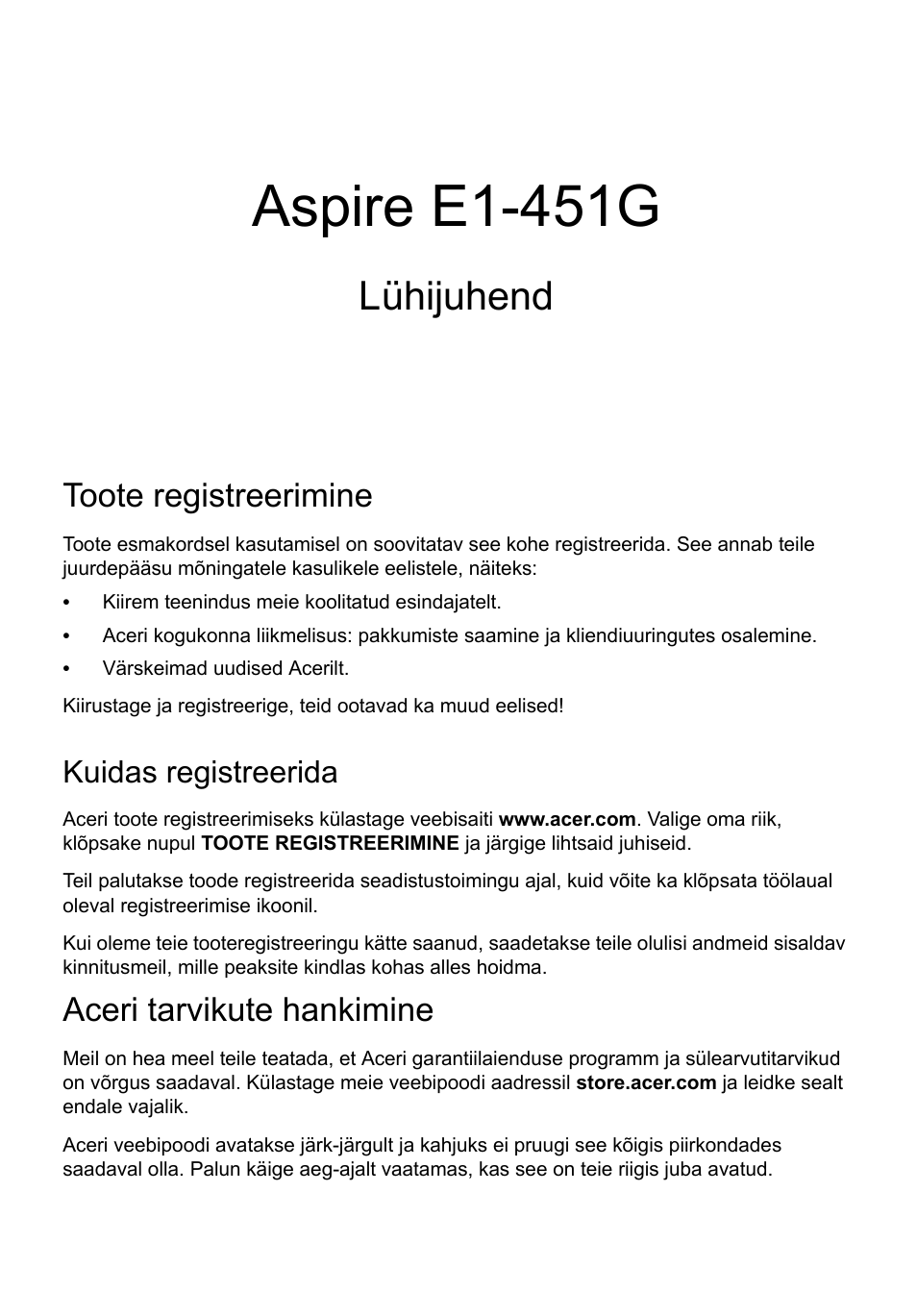 Eesti, Toote registreerimine, Kuidas registreerida | Aceri tarvikute hankimine, Aspire e1-451g, Lühijuhend | Acer Aspire E1-451G User Manual | Page 207 / 306