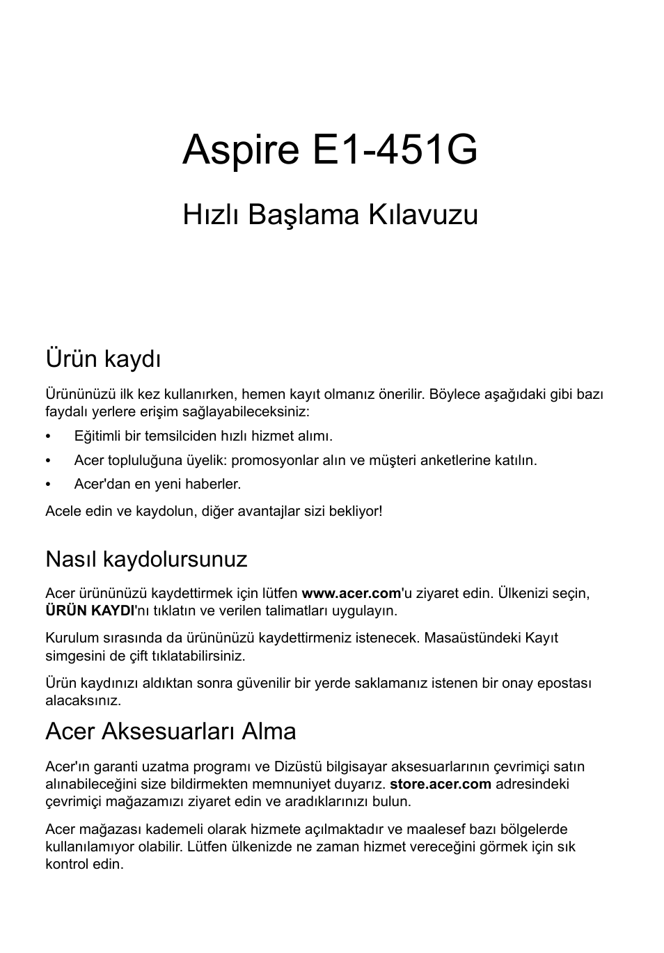 Türkçe, Ürün kaydı, Nasıl kaydolursunuz | Acer aksesuarları alma, Aspire e1-451g, Hızlı başlama kılavuzu | Acer Aspire E1-451G User Manual | Page 247 / 306