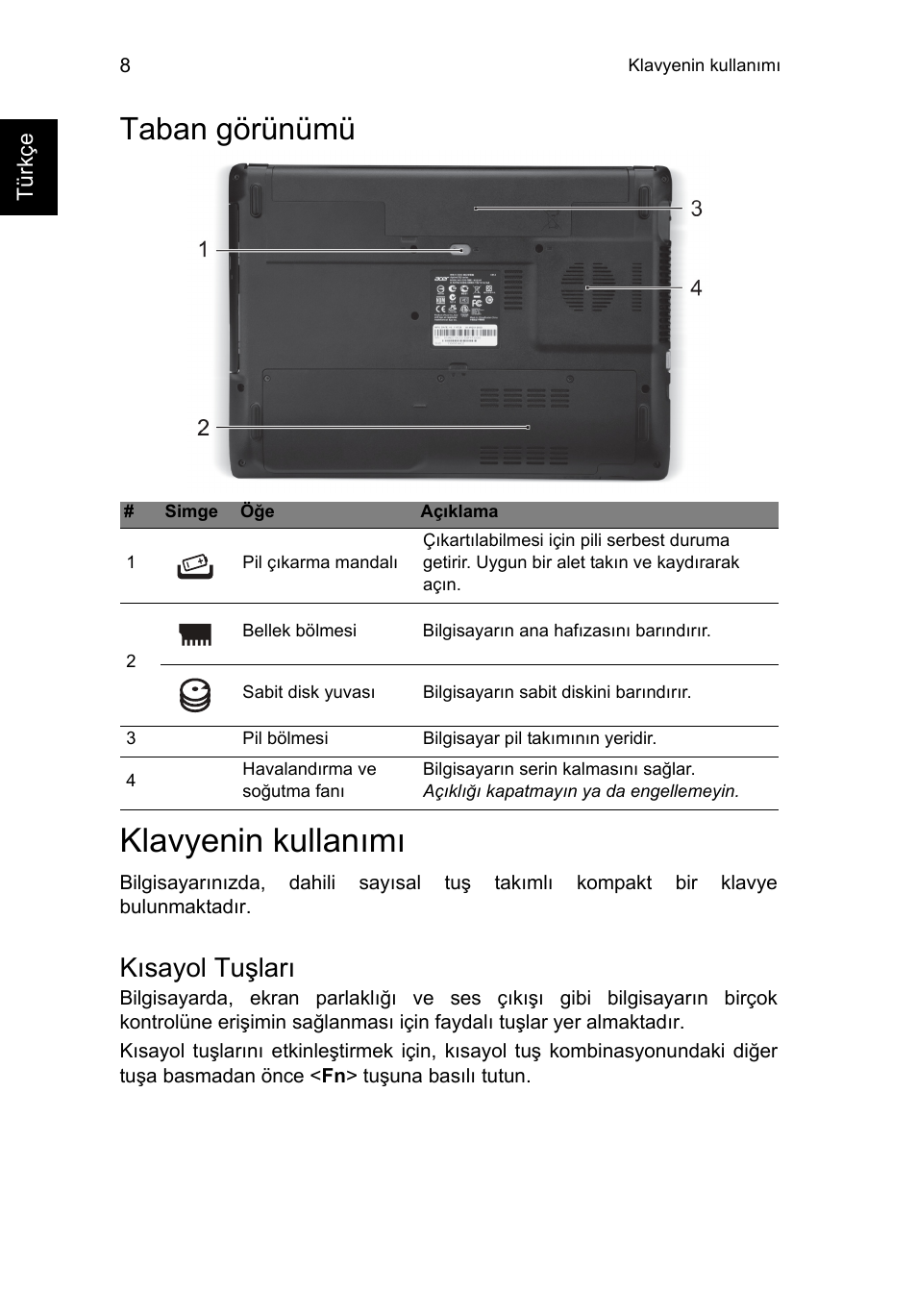 Taban görünümü, Klavyenin kullanımı, Kısayol tuşları | Acer Aspire E1-451G User Manual | Page 254 / 306