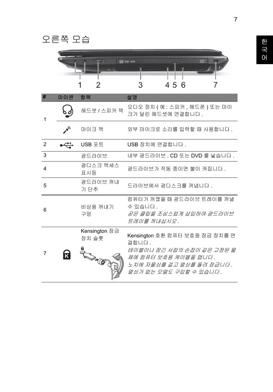 오른쪽 모습 | Acer Aspire E1-451G User Manual | Page 263 / 306