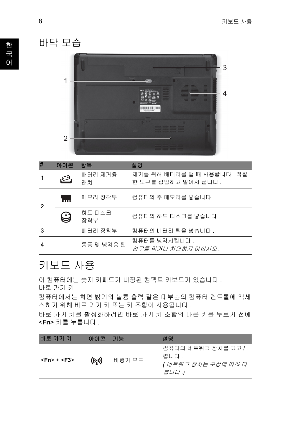 바닥 모습, 키보드 사용, 페이지의 | Acer Aspire E1-451G User Manual | Page 264 / 306