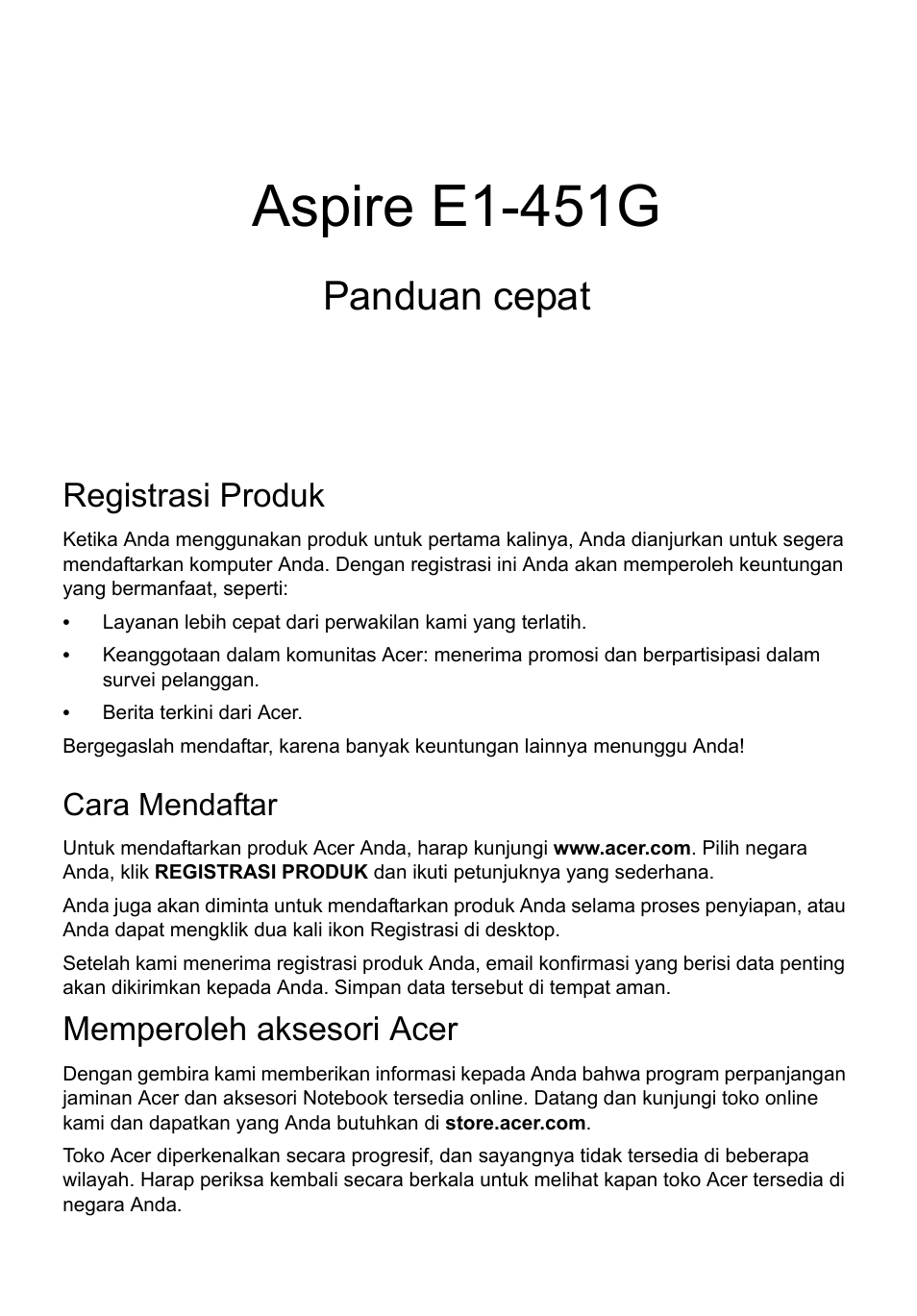 Bahasa indonesia, Registrasi produk, Cara mendaftar | Memperoleh aksesori acer, Aspire e1-451g, Panduan cepat | Acer Aspire E1-451G User Manual | Page 287 / 306