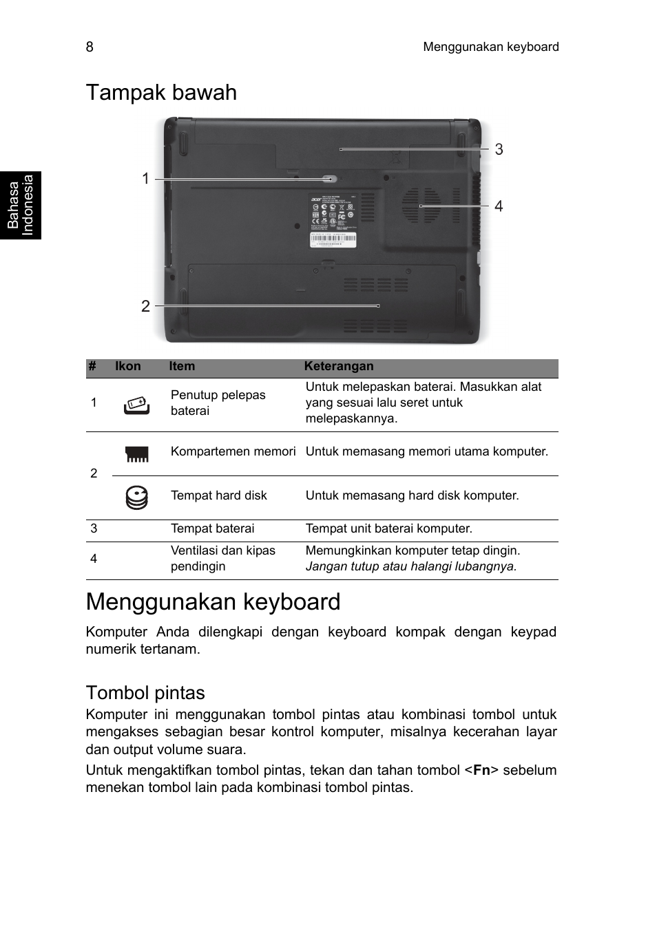 Tampak bawah, Menggunakan keyboard, Tombol pintas | Acer Aspire E1-451G User Manual | Page 294 / 306