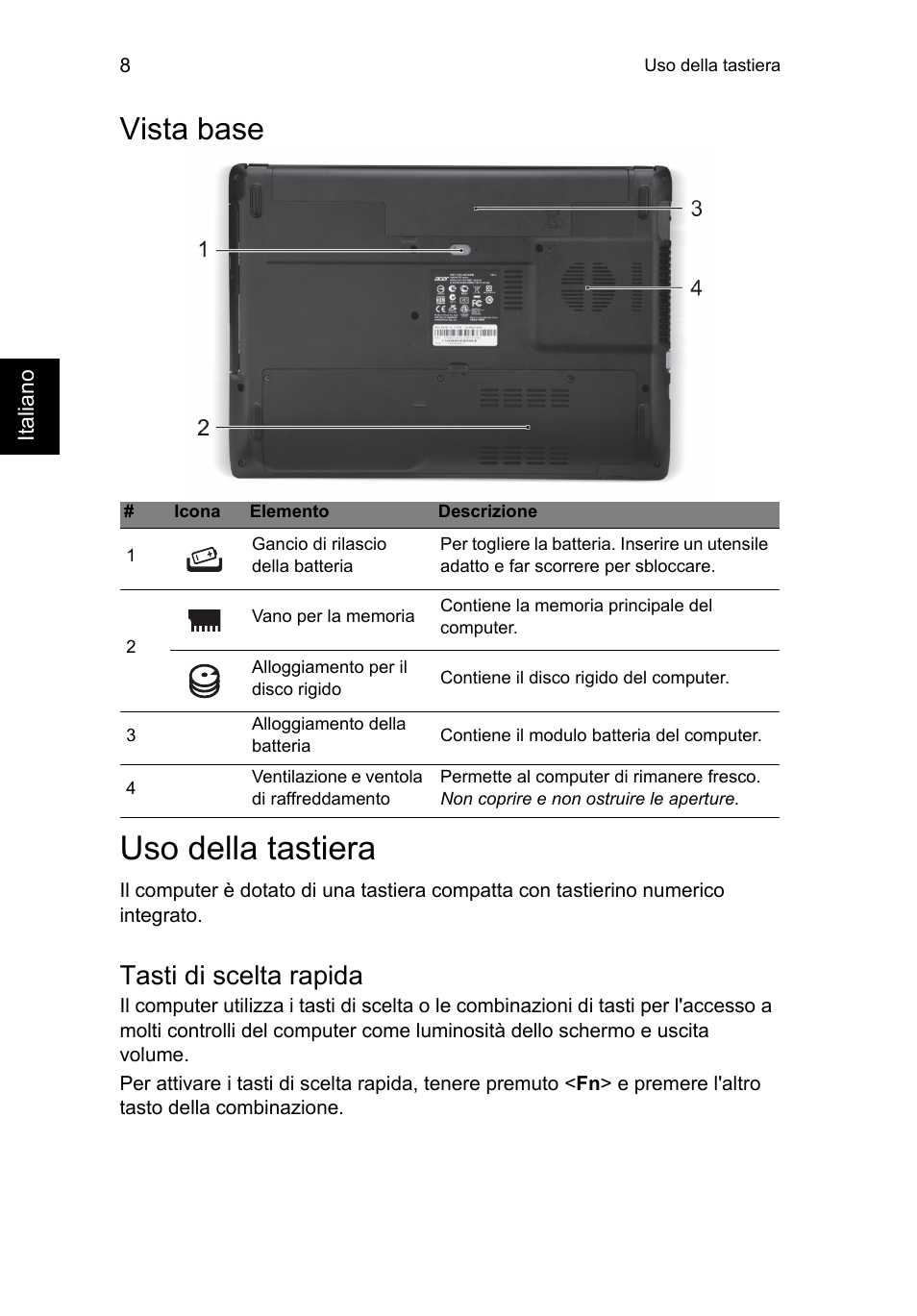 Vista base, Uso della tastiera, Tasti di scelta rapida | Acer Aspire E1-451G User Manual | Page 40 / 306