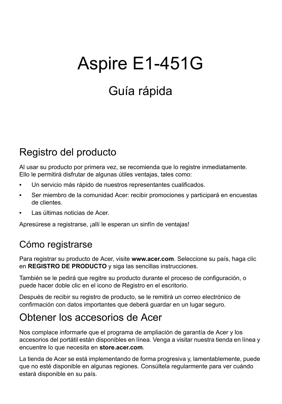 Español, Registro del producto, Cómo registrarse | Obtener los accesorios de acer, Aspire e1-451g, Guía rápida | Acer Aspire E1-451G User Manual | Page 43 / 306