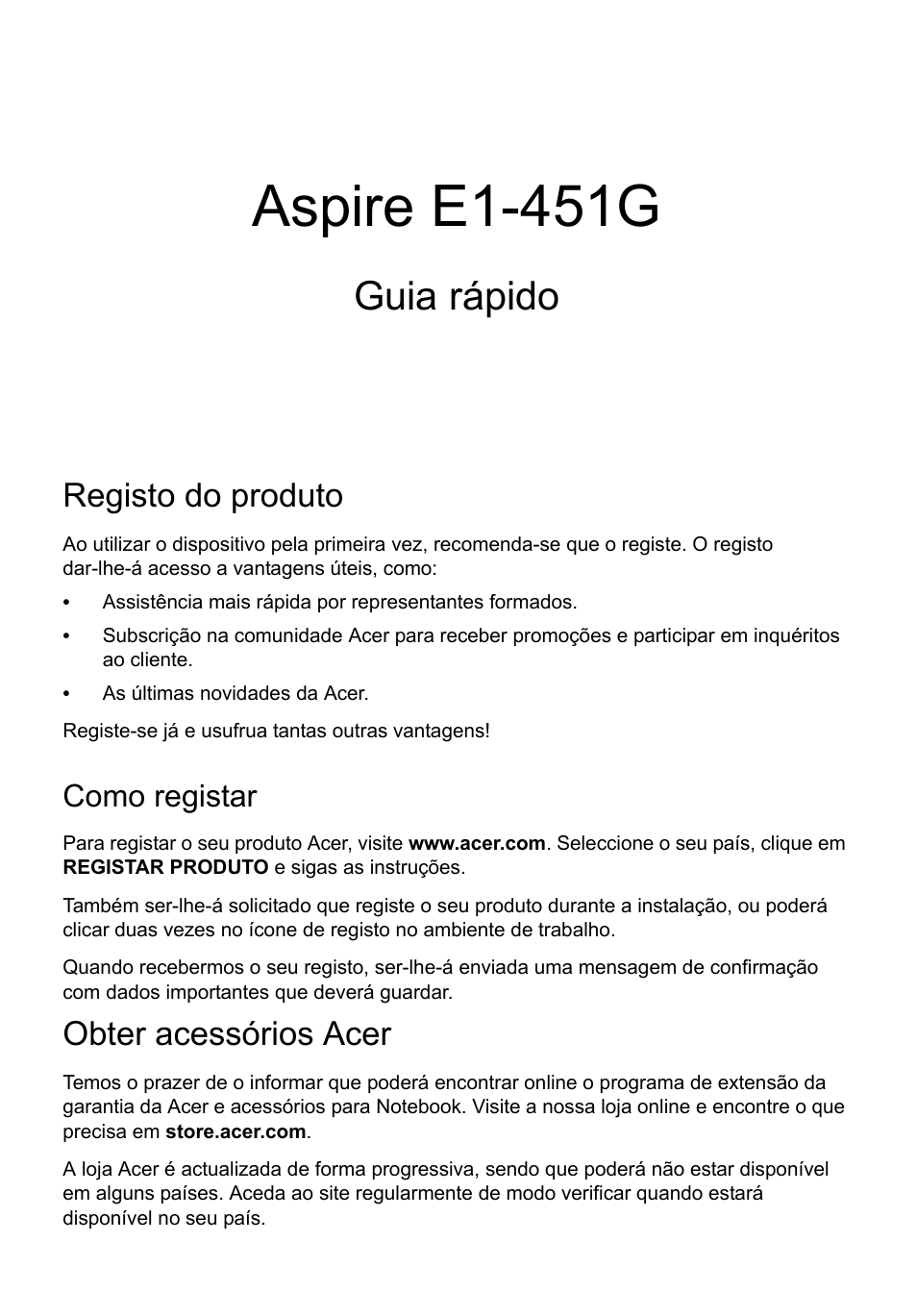 Português, Registo do produto, Como registar | Obter acessórios acer, Aspire e1-451g, Guia rápido | Acer Aspire E1-451G User Manual | Page 57 / 306