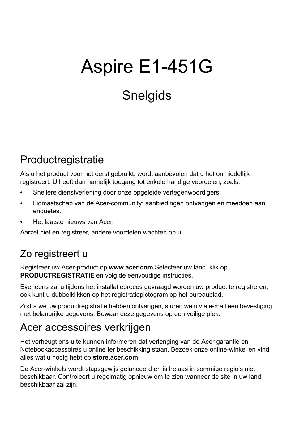 Nederlands, Productregistratie, Zo registreert u | Acer accessoires verkrijgen, Aspire e1-451g, Snelgids | Acer Aspire E1-451G User Manual | Page 67 / 306