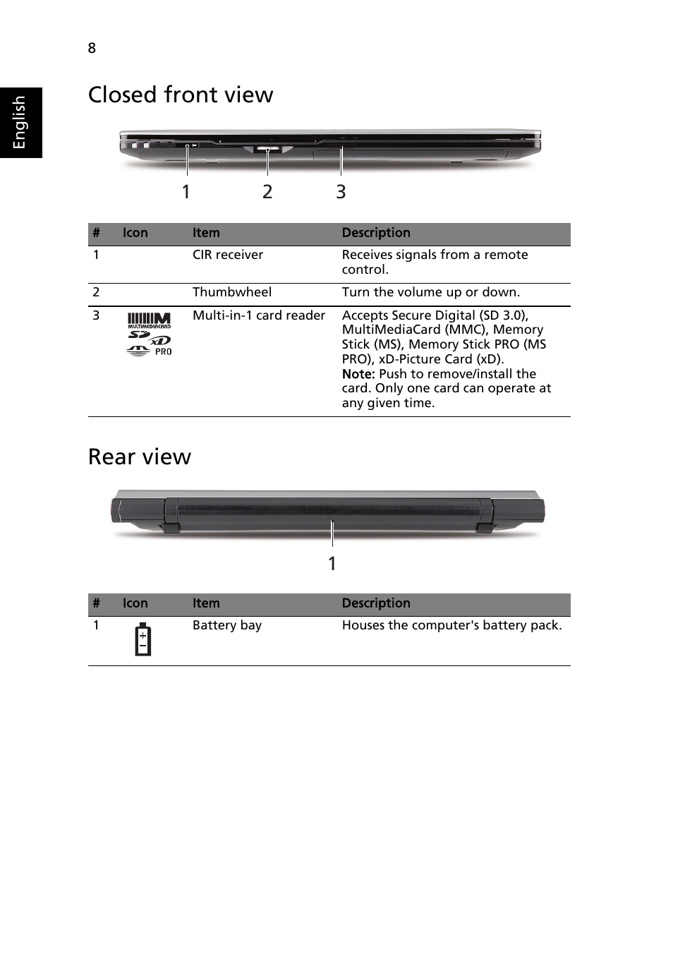 Closed front view, Rear view, Closed front view rear view | Acer Aspire 5950G User Manual | Page 10 / 382