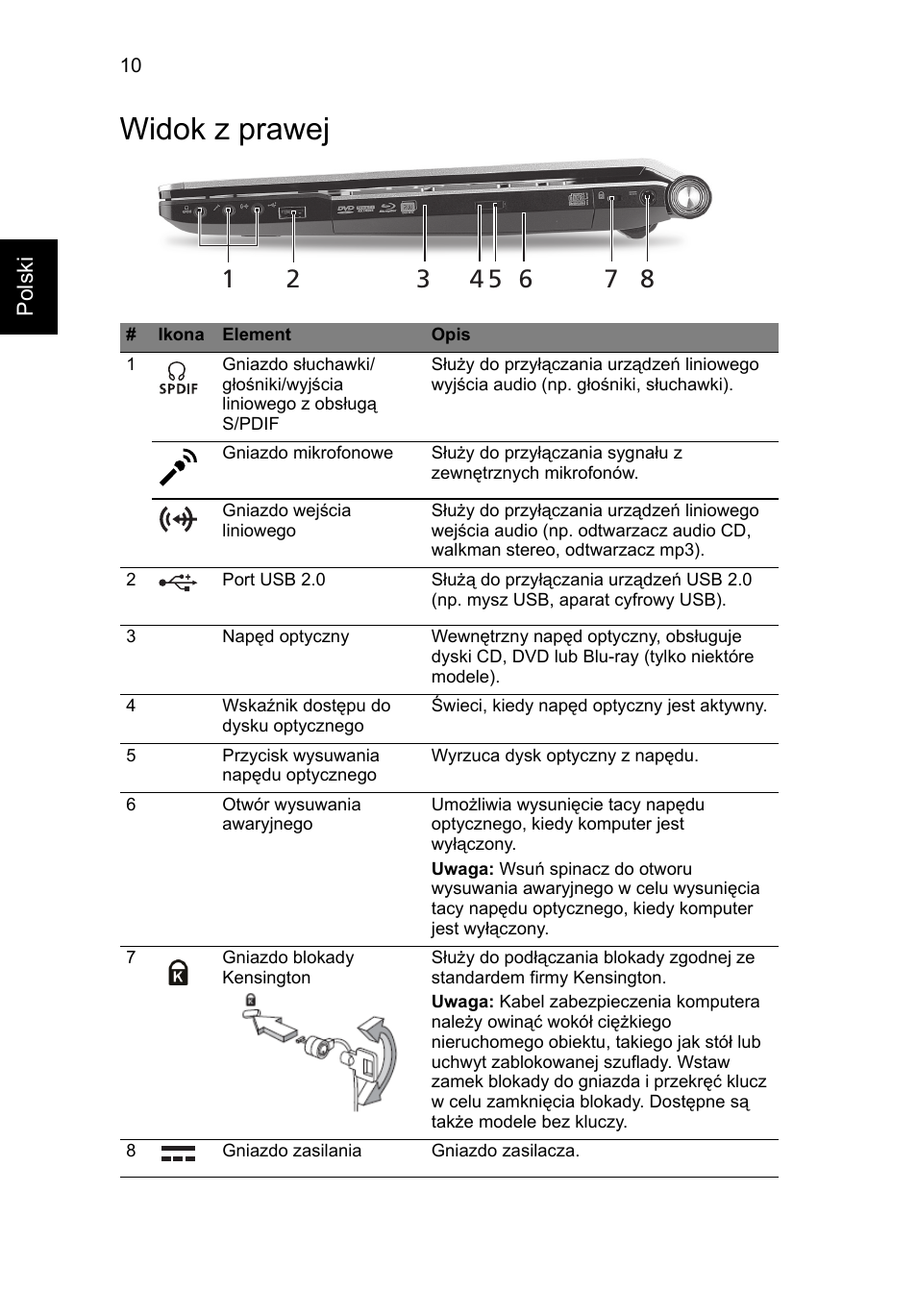 Widok z prawej | Acer Aspire 5950G User Manual | Page 162 / 382