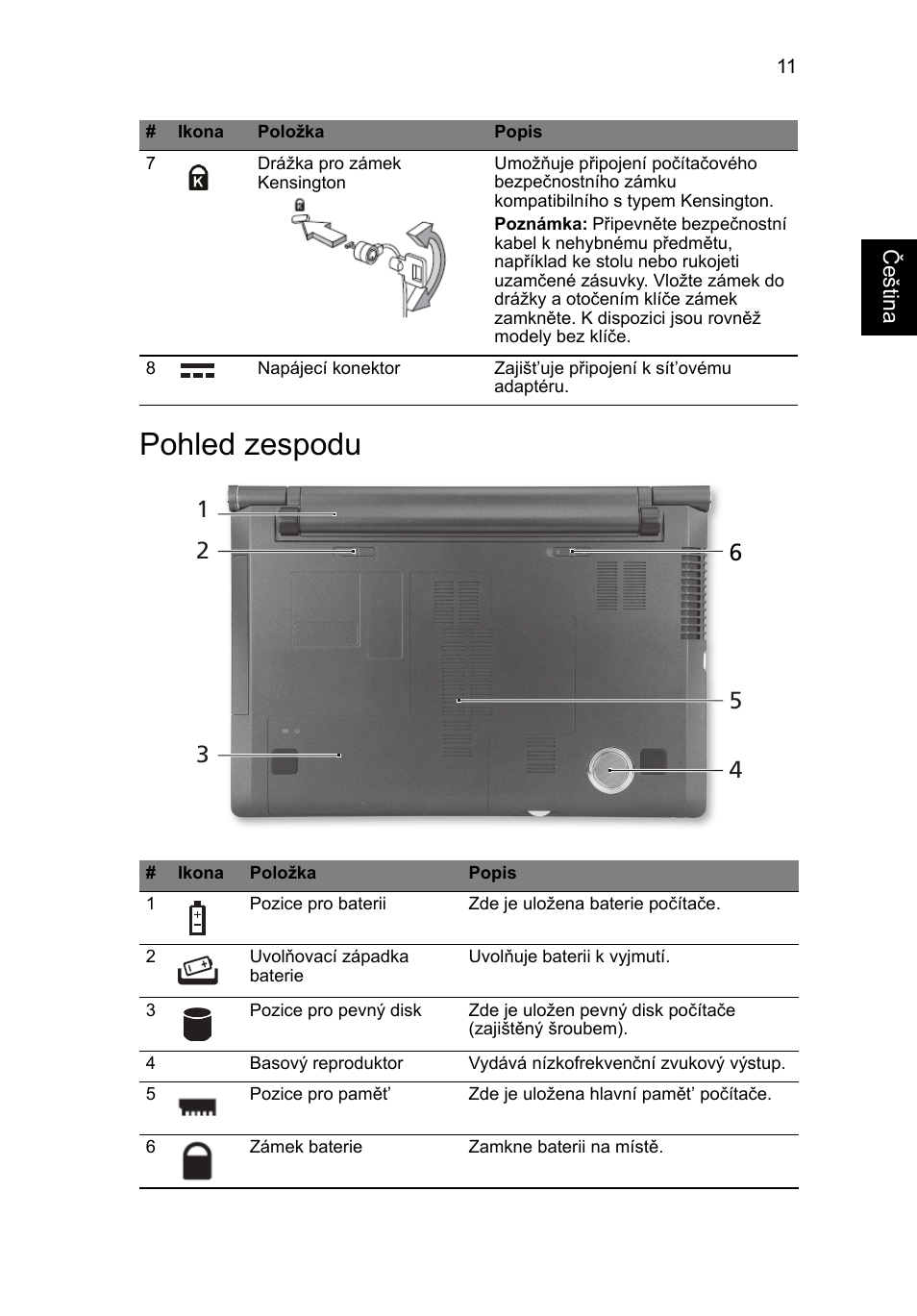 Čeština pohled zespodu, Pohled zespodu | Acer Aspire 5950G User Manual | Page 187 / 382