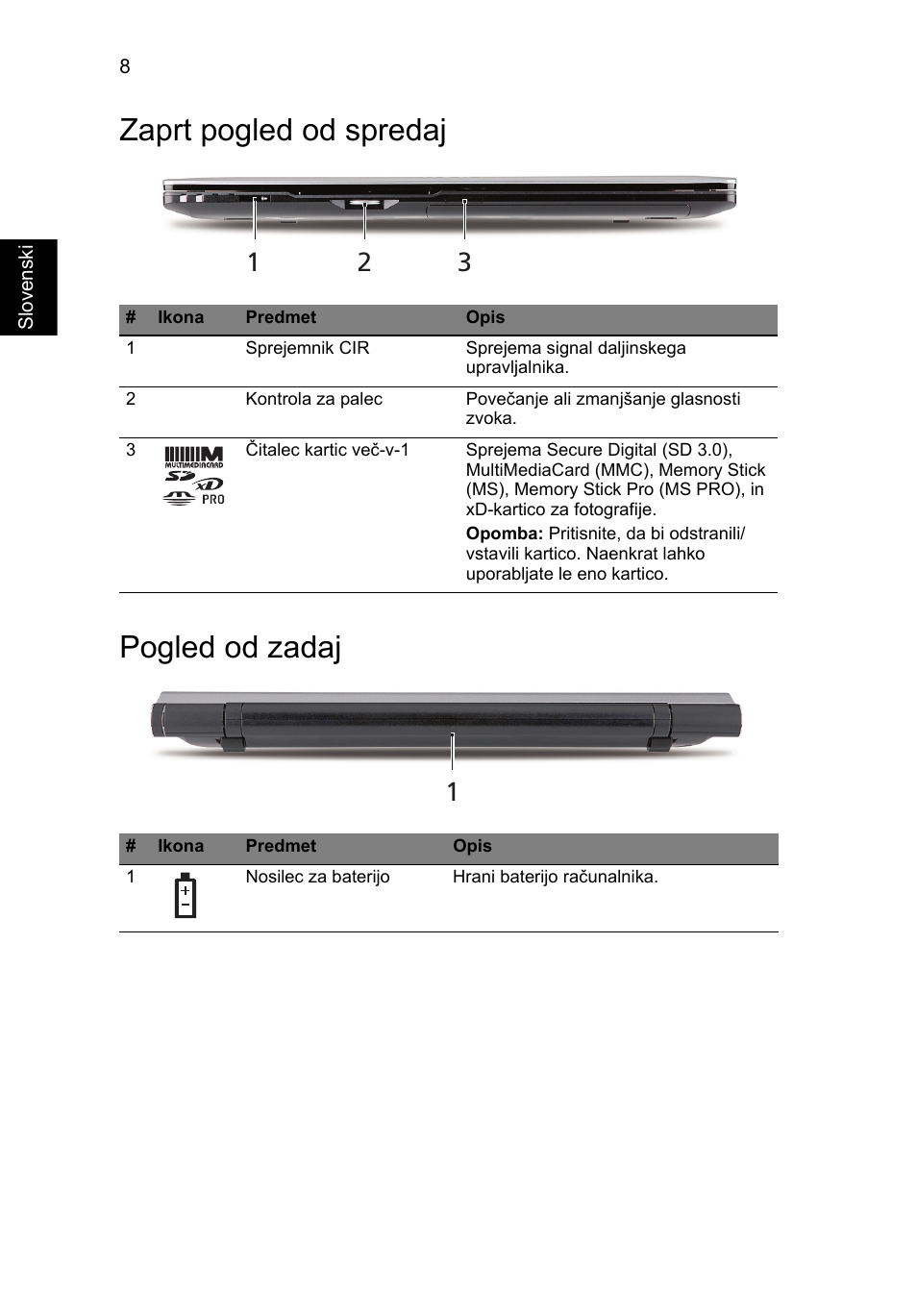Zaprt pogled od spredaj, Pogled od zadaj, Zaprt pogled od spredaj pogled od zadaj | Acer Aspire 5950G User Manual | Page 208 / 382