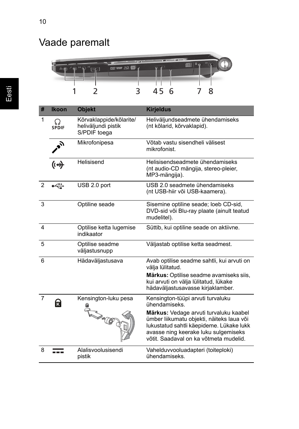 Vaade paremalt | Acer Aspire 5950G User Manual | Page 258 / 382