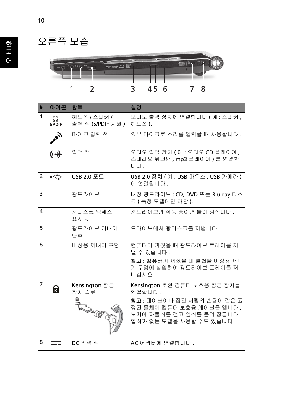 오른쪽 모습 | Acer Aspire 5950G User Manual | Page 332 / 382