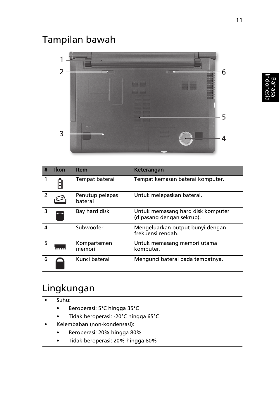 Tampilan bawah, Lingkungan, Tampilan bawah lingkungan | Acer Aspire 5950G User Manual | Page 369 / 382