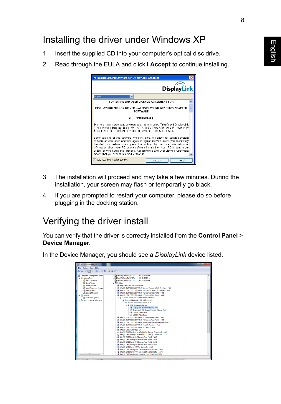 Installing the driver under windows xp, Verifying the driver install | Acer Universal USB 3.0 Docking Station User Manual | Page 11 / 20