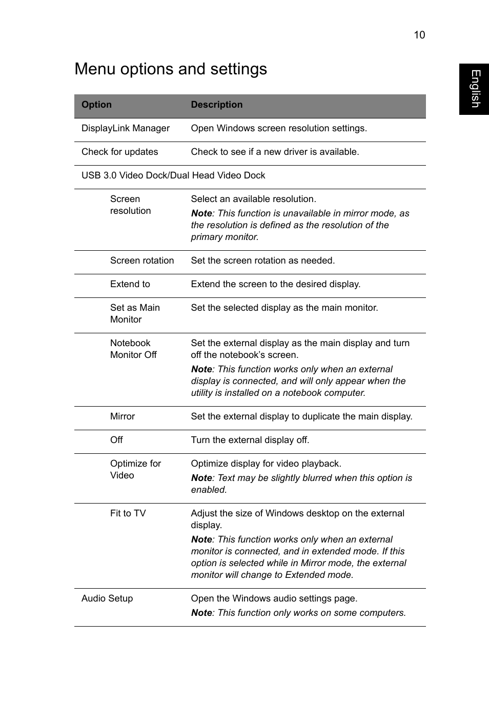 Menu options and settings | Acer Universal USB 3.0 Docking Station User Manual | Page 13 / 20