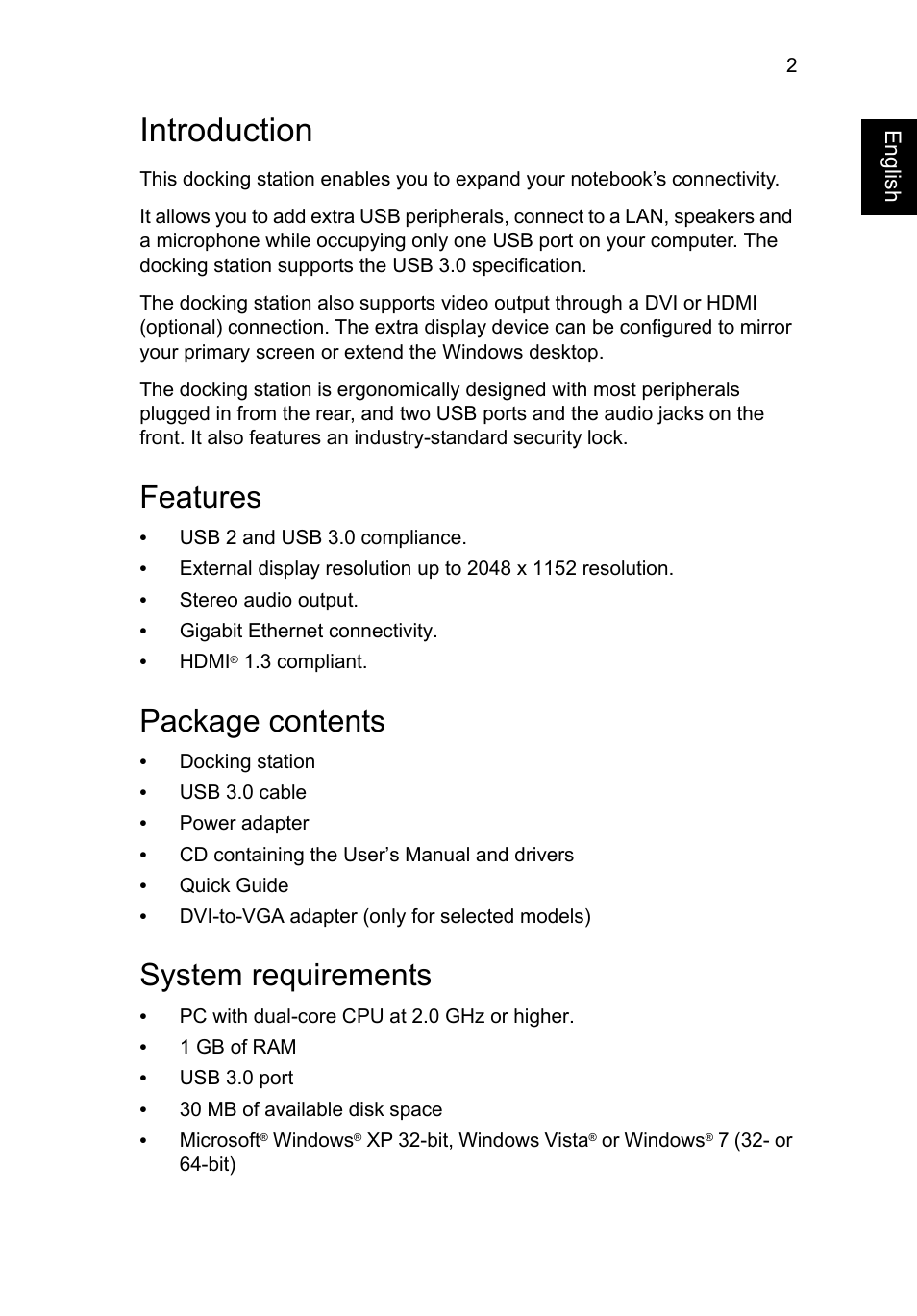 Introduction, Features, Package contents | System requirements | Acer Universal USB 3.0 Docking Station User Manual | Page 5 / 20