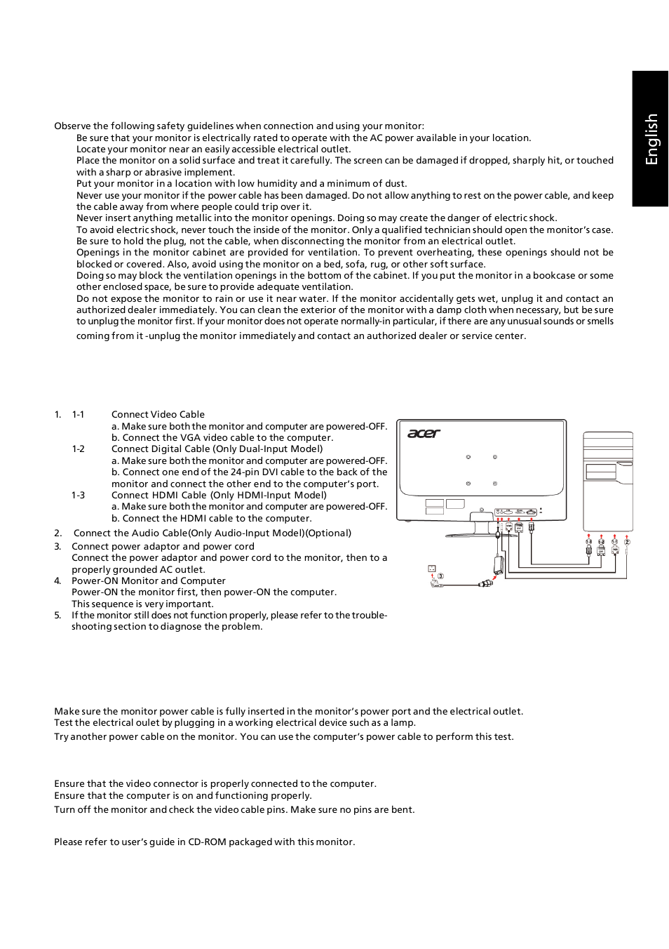 Safety instructions, En g lish, Troubleshooting tips | Connecting your monitor to a computer, No power - the monitor’s power indicator is off, Operation detail | Acer GN246HL User Manual | Page 10 / 40