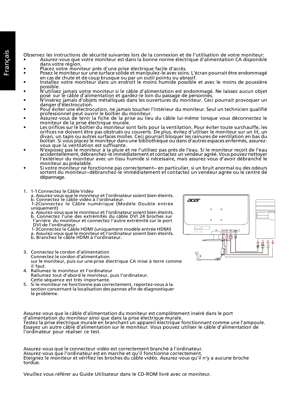 Instructions de sécurité, Fr an ça is, Détails de fonctionnement | Acer GN246HL User Manual | Page 13 / 40