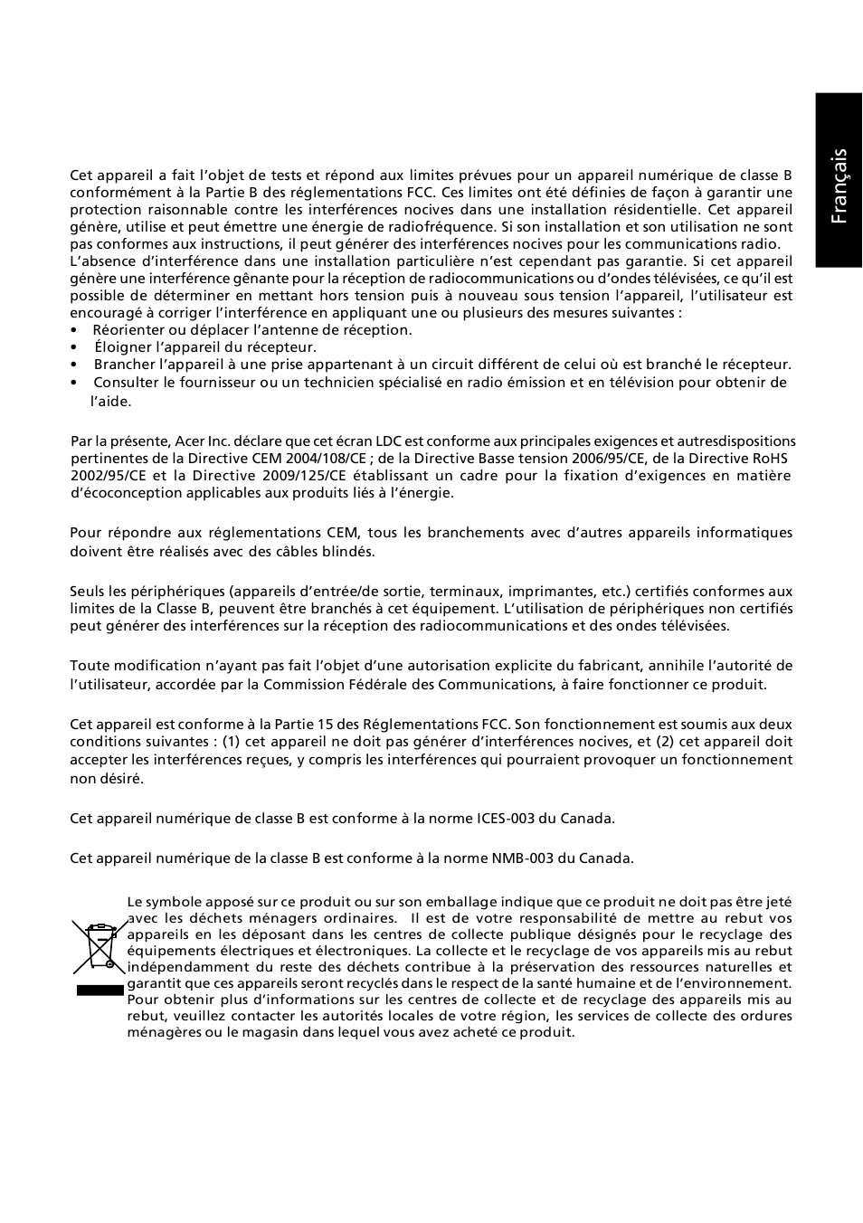 Fr an ça is, Réglementations et avis de sécurité | Acer GN246HL User Manual | Page 14 / 40
