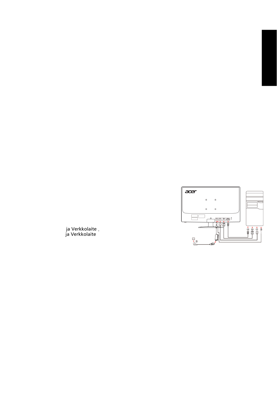 Turvaohjeet, Suo mi, Näyttölaitteen liittäminen tietokoneeseen | Vihjeitä, Käyttöön liittyviä yksityiskohtia | Acer GN246HL User Manual | Page 15 / 40