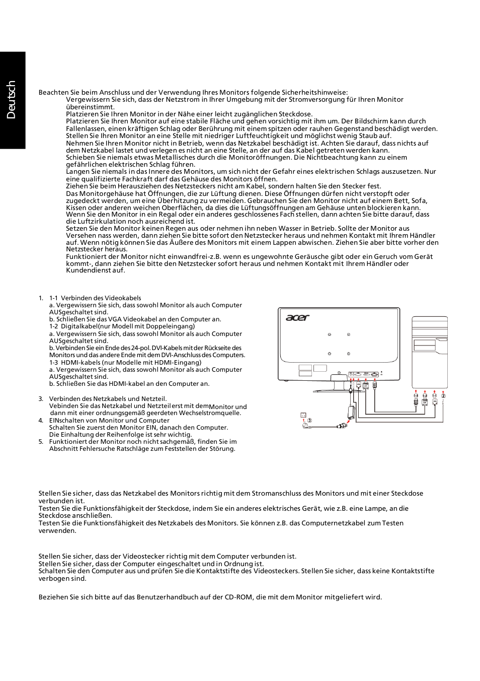 Sicherheitshinweise, Deu ts ch, Tipps zur fehlerbehebung | Anschließen des monitors an einen computer, Bedienungsdetails | Acer GN246HL User Manual | Page 16 / 40