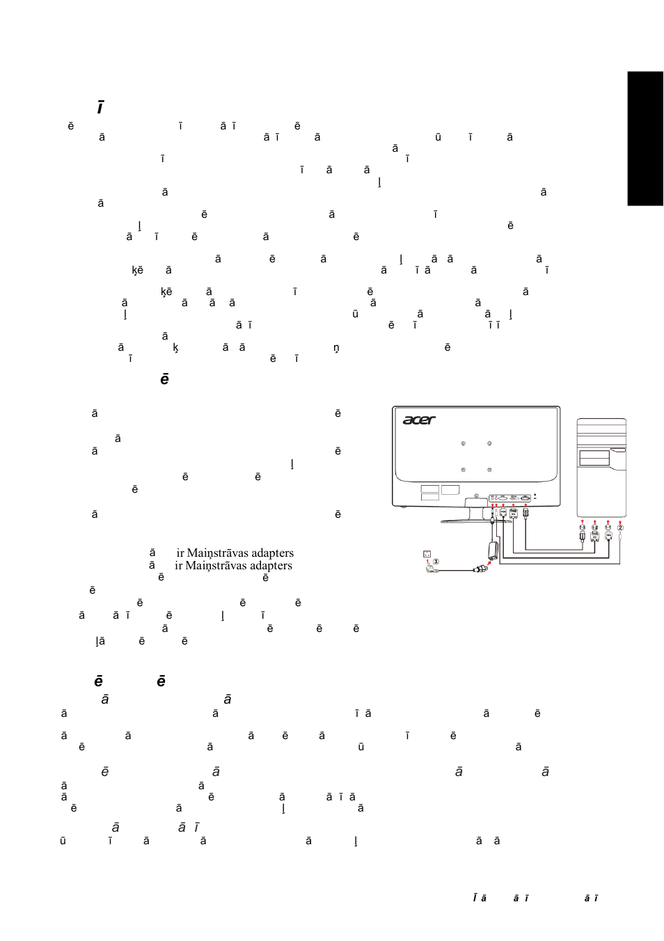 Droš ības instrukcijas, La tv is ka probl ēmu novēršana, Monitora piesl ēgšana datoram | Ekspluat ācijas norādījumi | Acer GN246HL User Manual | Page 24 / 40