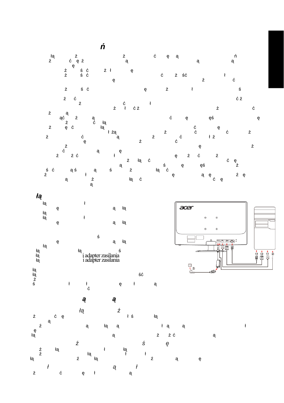 Instrukcje bezpiecze ństwa, Pod łączanie monitora do komputera, Szczegó łowe informacje dotyczące obsługi | I adapter zasilania | Acer GN246HL User Manual | Page 27 / 40