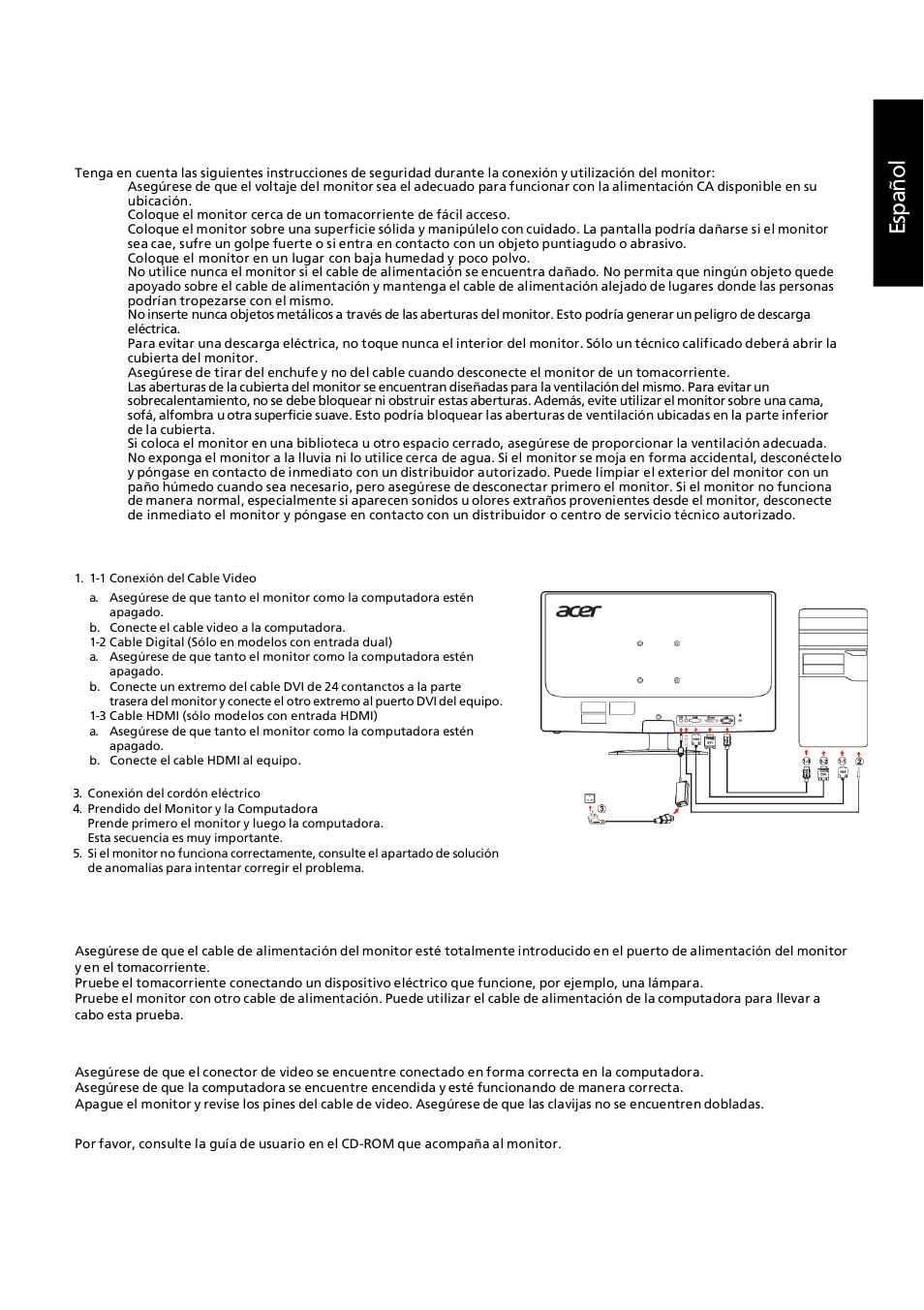 Instrucciones de seguridad, Es pa ñ ol, Información acerca del funcionamiento del monitor | Acer GN246HL User Manual | Page 30 / 40