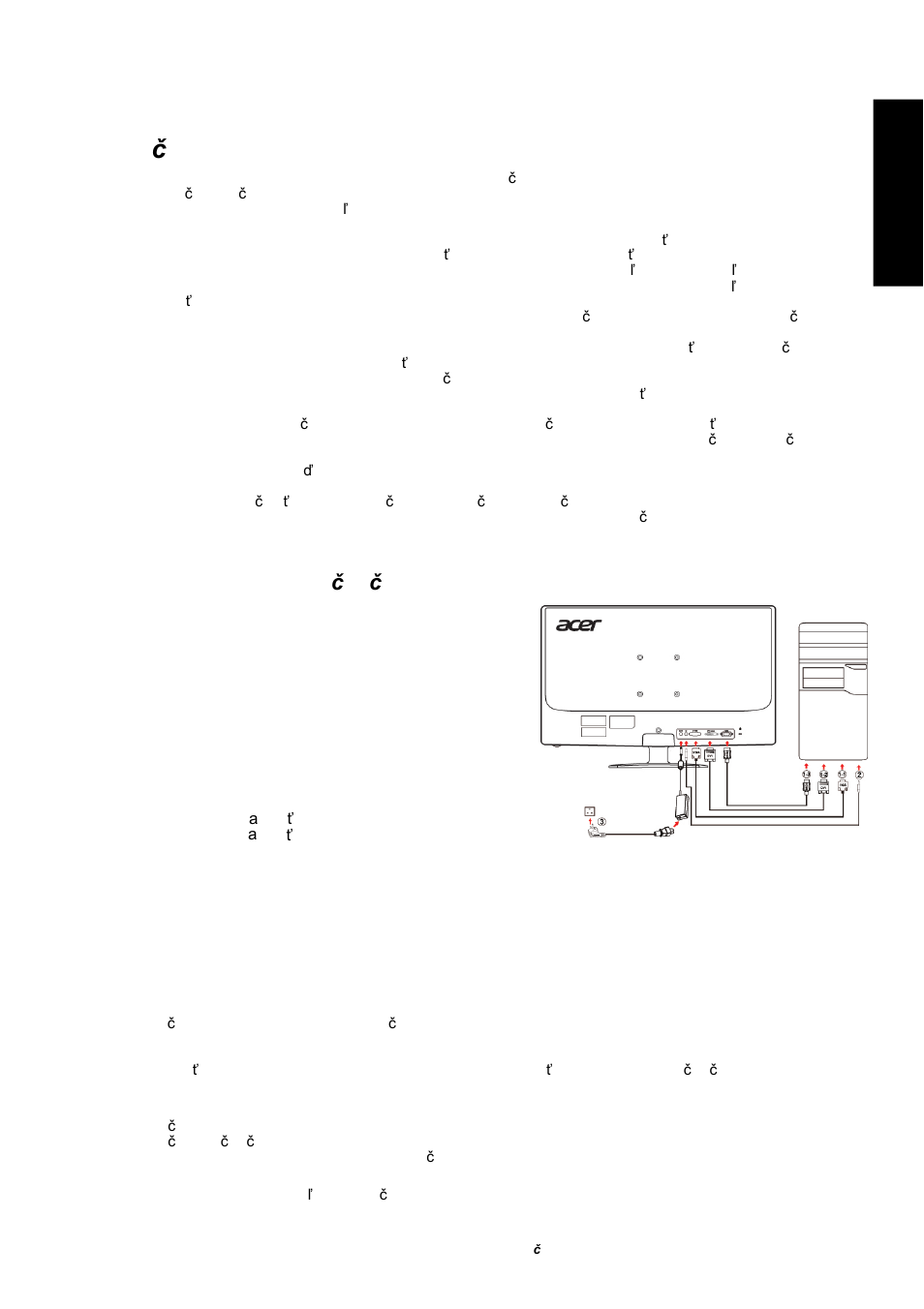 Bezpe čnostné pokyny, Sl ov en èi na tipy pre riešenie problémov, Pripojenie monitora k po čítaču | Podrobnosti o prevádzke | Acer GN246HL User Manual | Page 32 / 40