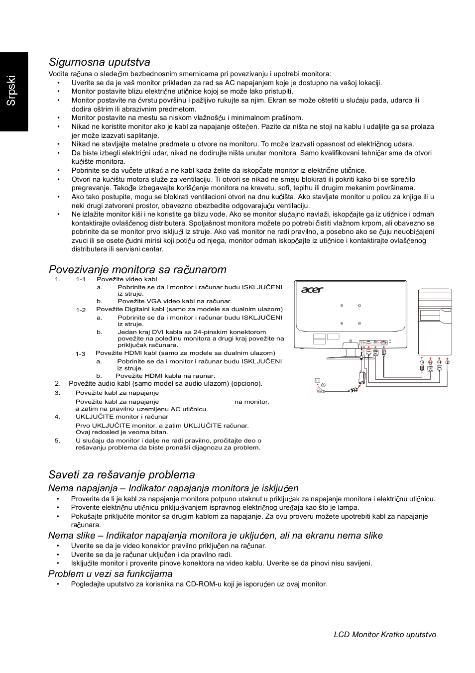 Sigurnosna uputstva, Problem u vezi sa funkcijama | Acer GN246HL User Manual | Page 35 / 40