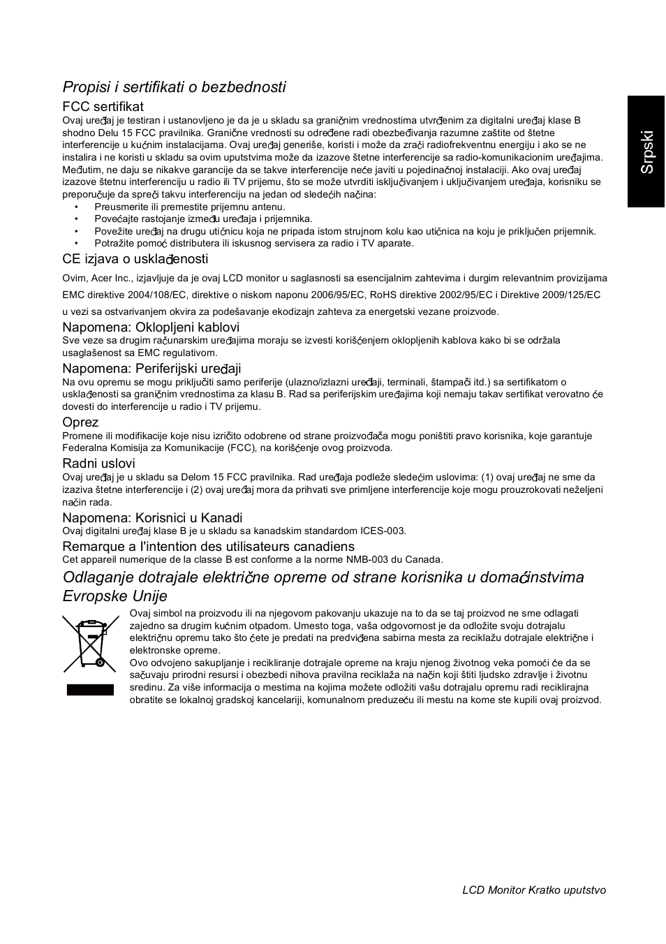 Propisi i sertifikati o bezbednosti | Acer GN246HL User Manual | Page 36 / 40