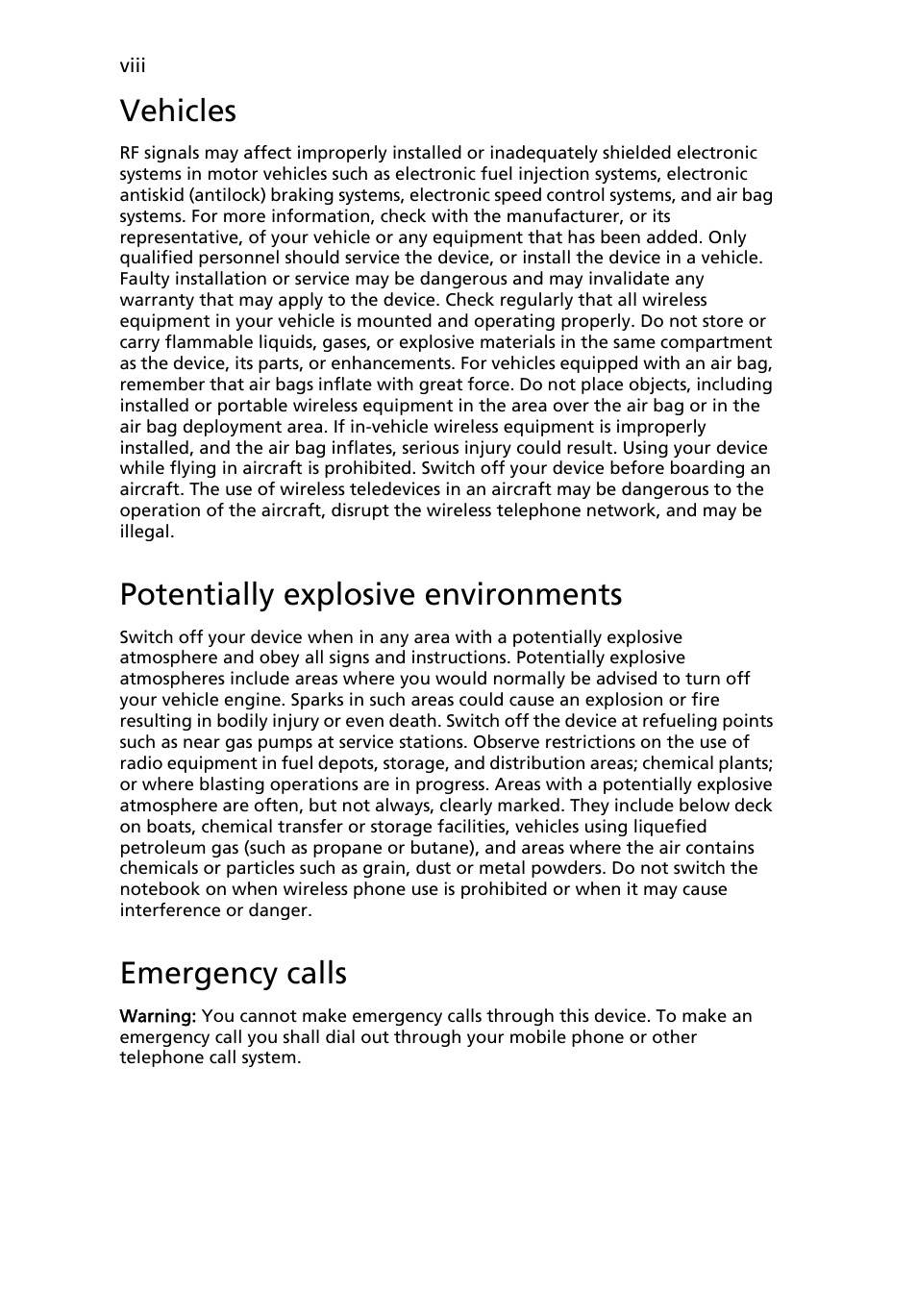 Vehicles, Potentially explosive environments, Emergency calls | Acer AOD255E User Manual | Page 10 / 1454