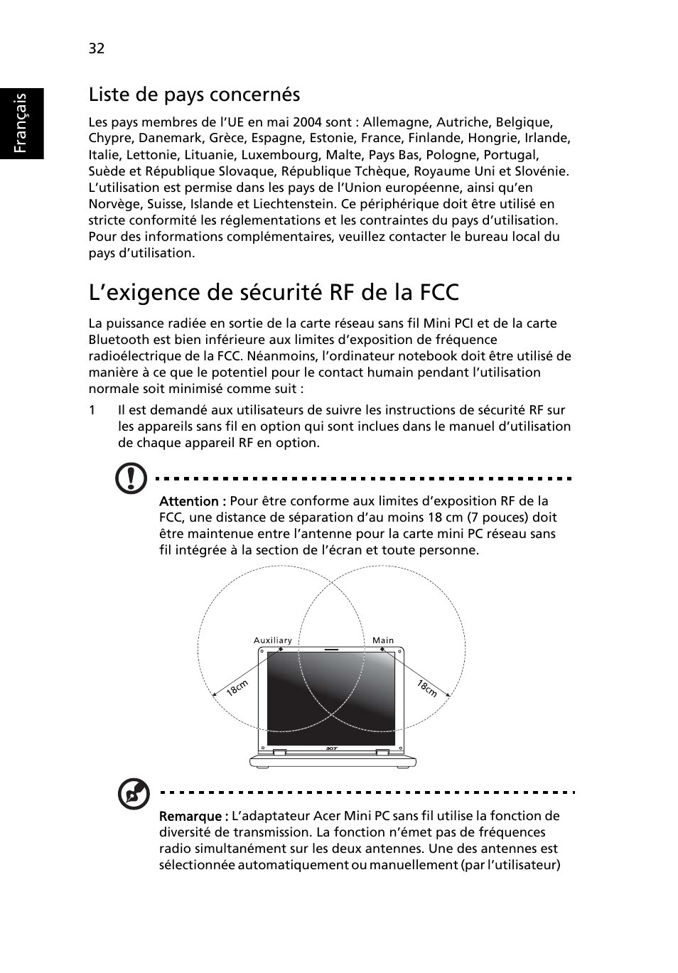 L’exigence de sécurité rf de la fcc, Liste de pays concernés | Acer AOD255E User Manual | Page 100 / 1454