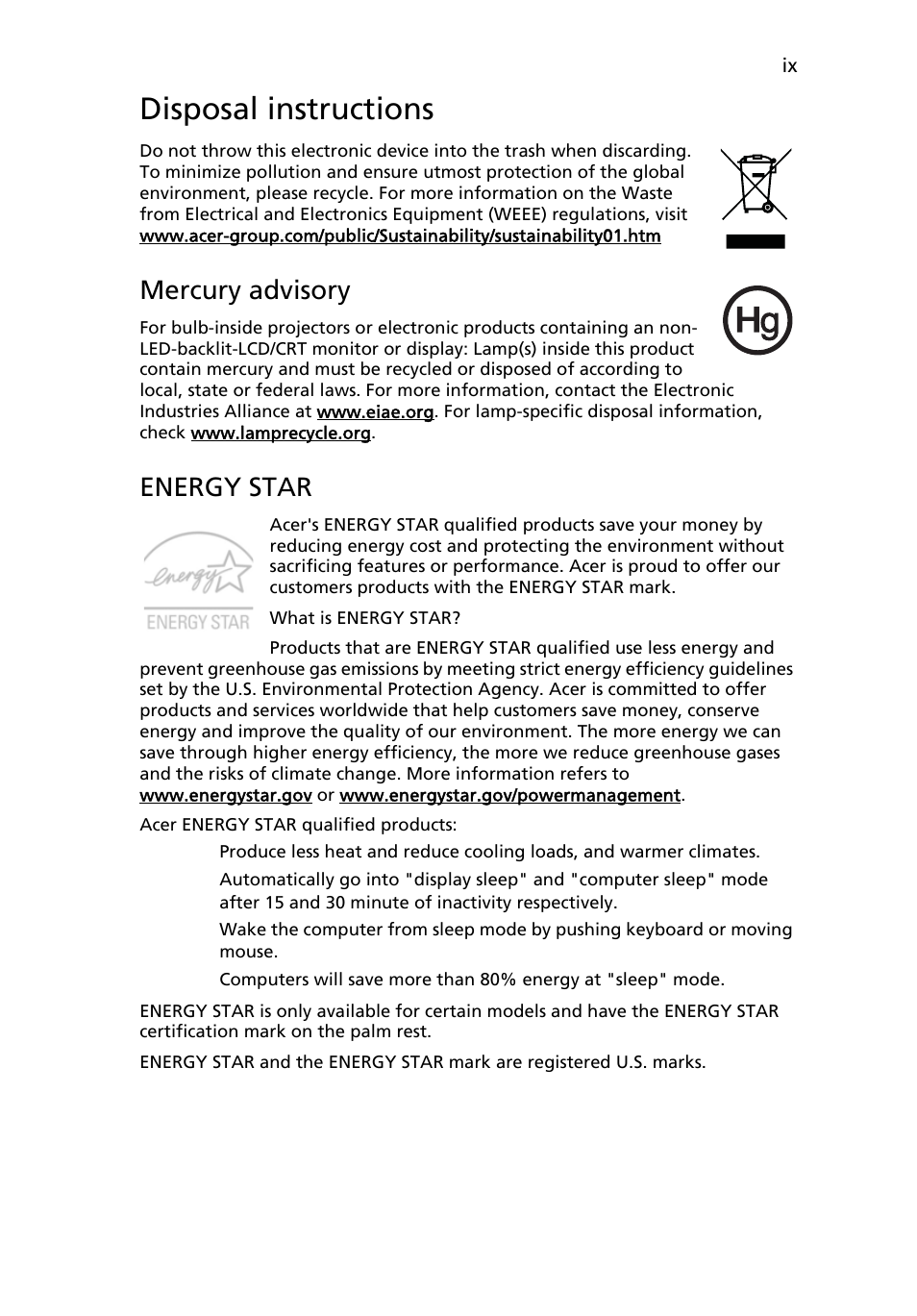 Disposal instructions, Mercury advisory, Energy star | Acer AOD255E User Manual | Page 11 / 1454