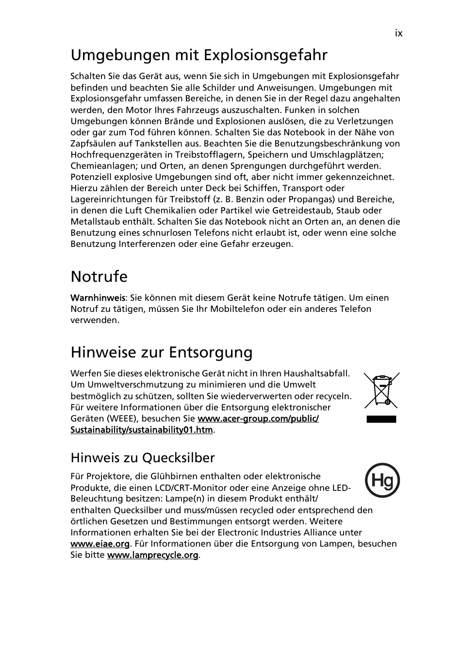 Umgebungen mit explosionsgefahr, Notrufe, Hinweise zur entsorgung | Acer AOD255E User Manual | Page 113 / 1454