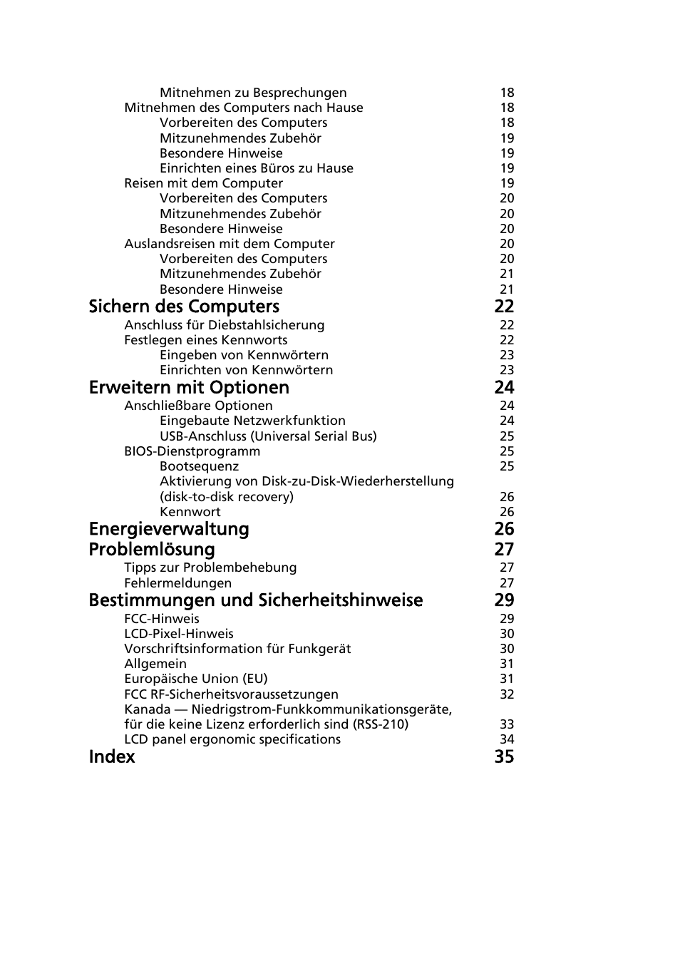 Sichern des computers 22, Erweitern mit optionen 24, Energieverwaltung 26 problemlösung 27 | Bestimmungen und sicherheitshinweise 29, Index 35 | Acer AOD255E User Manual | Page 122 / 1454