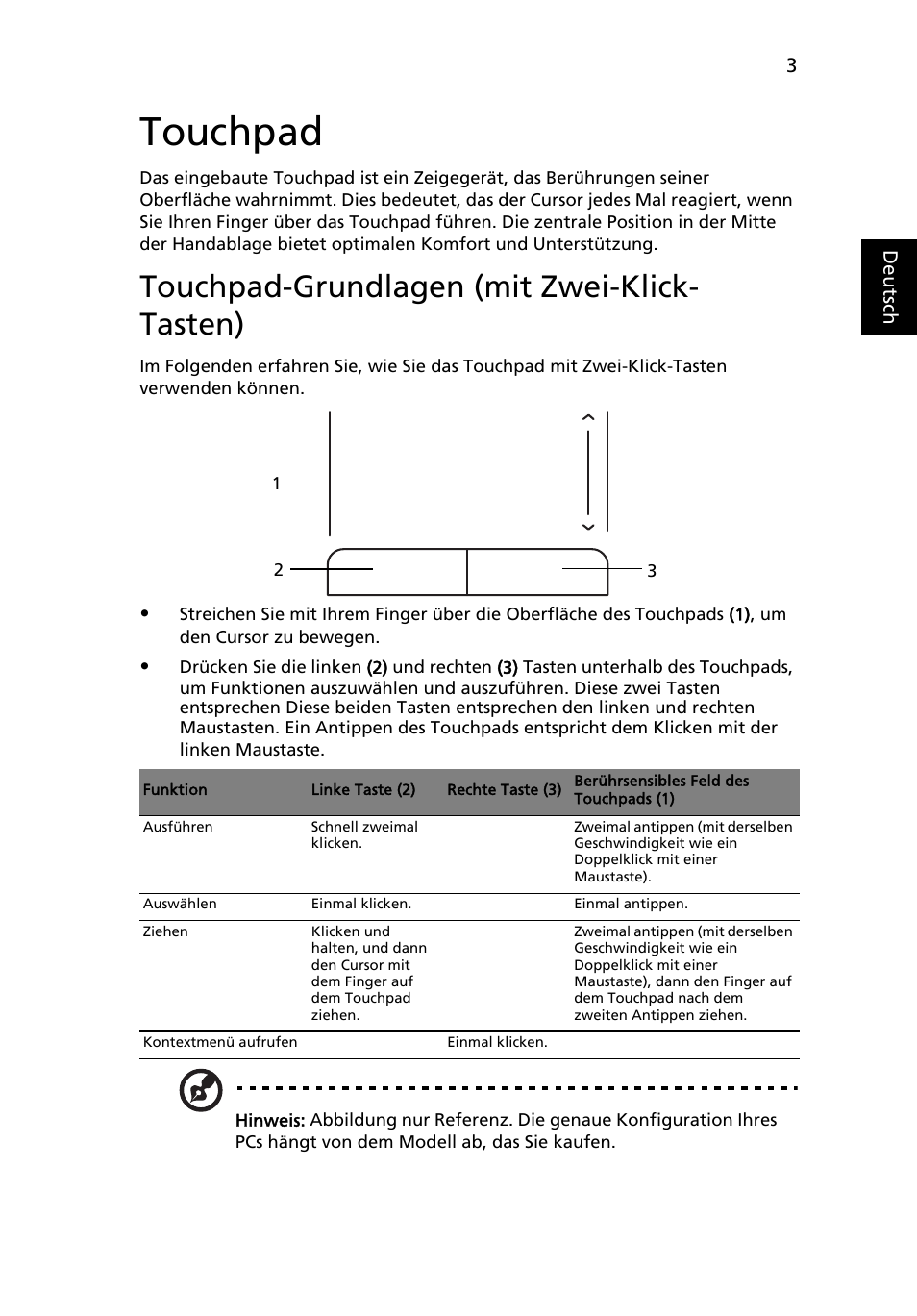 Touchpad, Touchpad-grundlagen (mit zwei-klick- tasten), Touchpad-grundlagen (mit zwei-klick-tasten) | Acer AOD255E User Manual | Page 125 / 1454