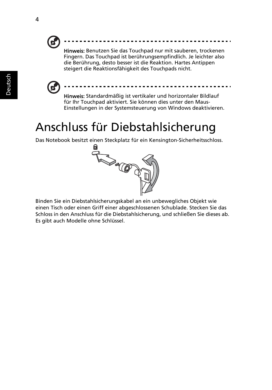 Anschluss für diebstahlsicherung | Acer AOD255E User Manual | Page 126 / 1454