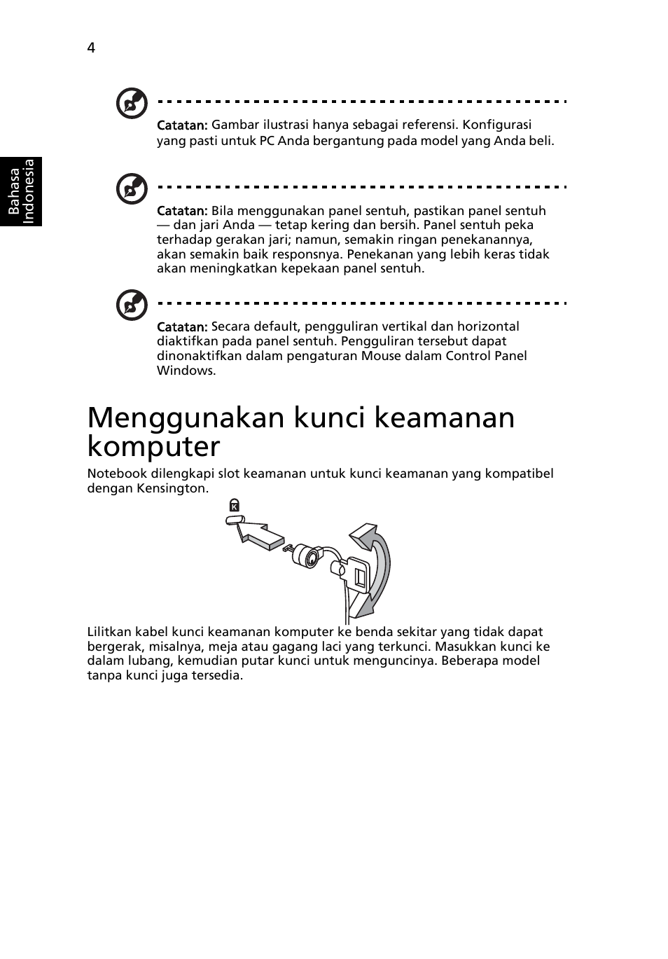 Menggunakan kunci keamanan komputer | Acer AOD255E User Manual | Page 1376 / 1454