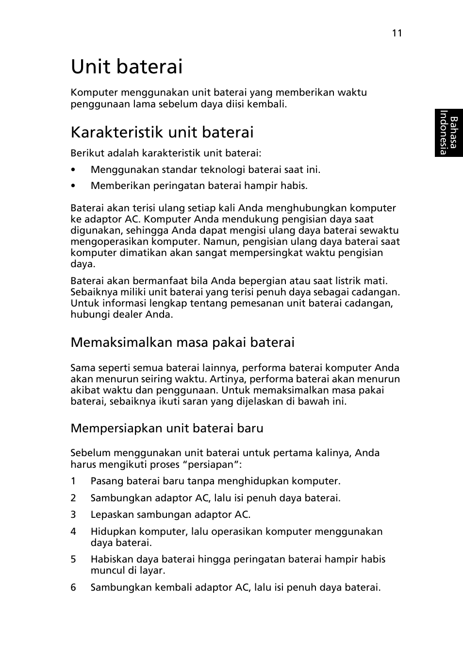 Unit baterai, Karakteristik unit baterai, Memaksimalkan masa pakai baterai | Mempersiapkan unit baterai baru | Acer AOD255E User Manual | Page 1383 / 1454