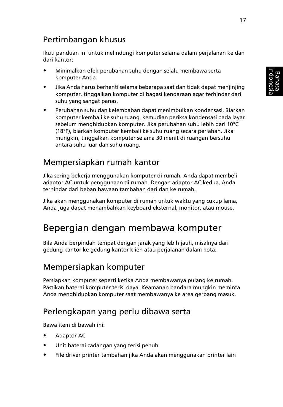 Bepergian dengan membawa komputer, Pertimbangan khusus, Mempersiapkan rumah kantor | Mempersiapkan komputer, Perlengkapan yang perlu dibawa serta | Acer AOD255E User Manual | Page 1389 / 1454