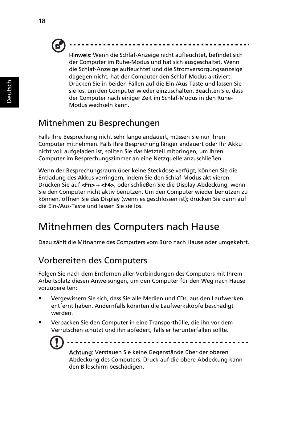 Mitnehmen des computers nach hause, Mitnehmen zu besprechungen, Vorbereiten des computers | Acer AOD255E User Manual | Page 140 / 1454