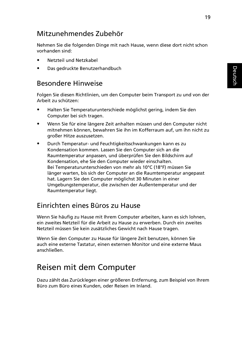 Reisen mit dem computer, Mitzunehmendes zubehör, Besondere hinweise | Einrichten eines büros zu hause | Acer AOD255E User Manual | Page 141 / 1454