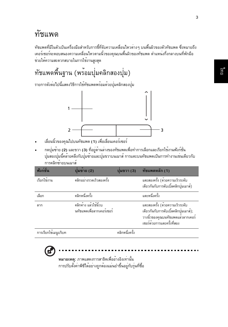 ทัชแพด, ทัชแพดพื้นฐาน (พร้อมปุ่มคลิกสองปุ่ม), Сªб¾´¾чй¹°т¹ (¾гйнб»шиб¤еф¡кн§»шиб) | Acer AOD255E User Manual | Page 1425 / 1454