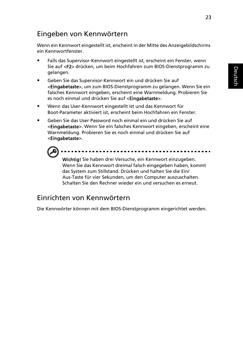 Eingeben von kennwörtern, Einrichten von kennwörtern | Acer AOD255E User Manual | Page 145 / 1454