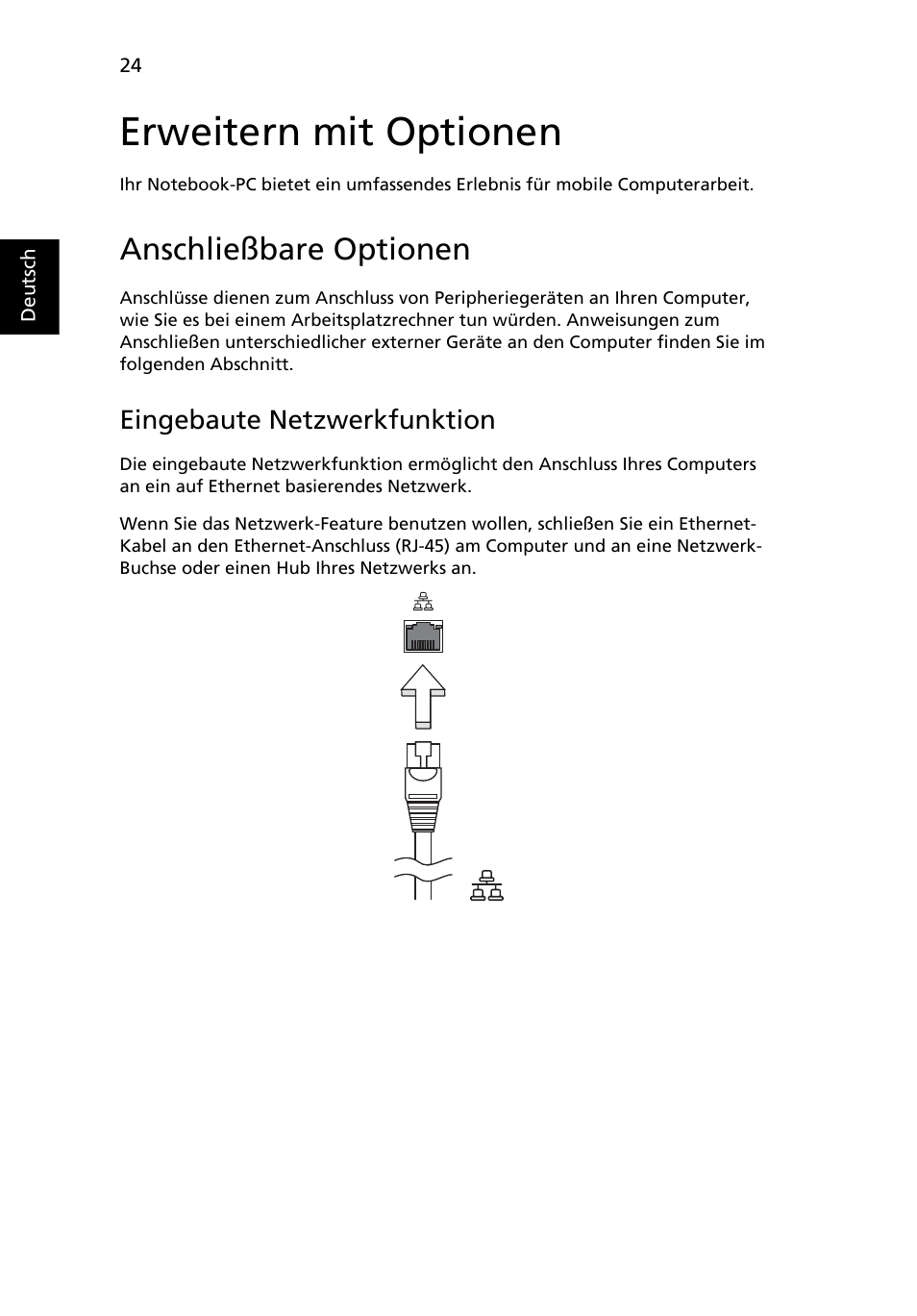 Erweitern mit optionen, Anschließbare optionen, Eingebaute netzwerkfunktion | Acer AOD255E User Manual | Page 146 / 1454