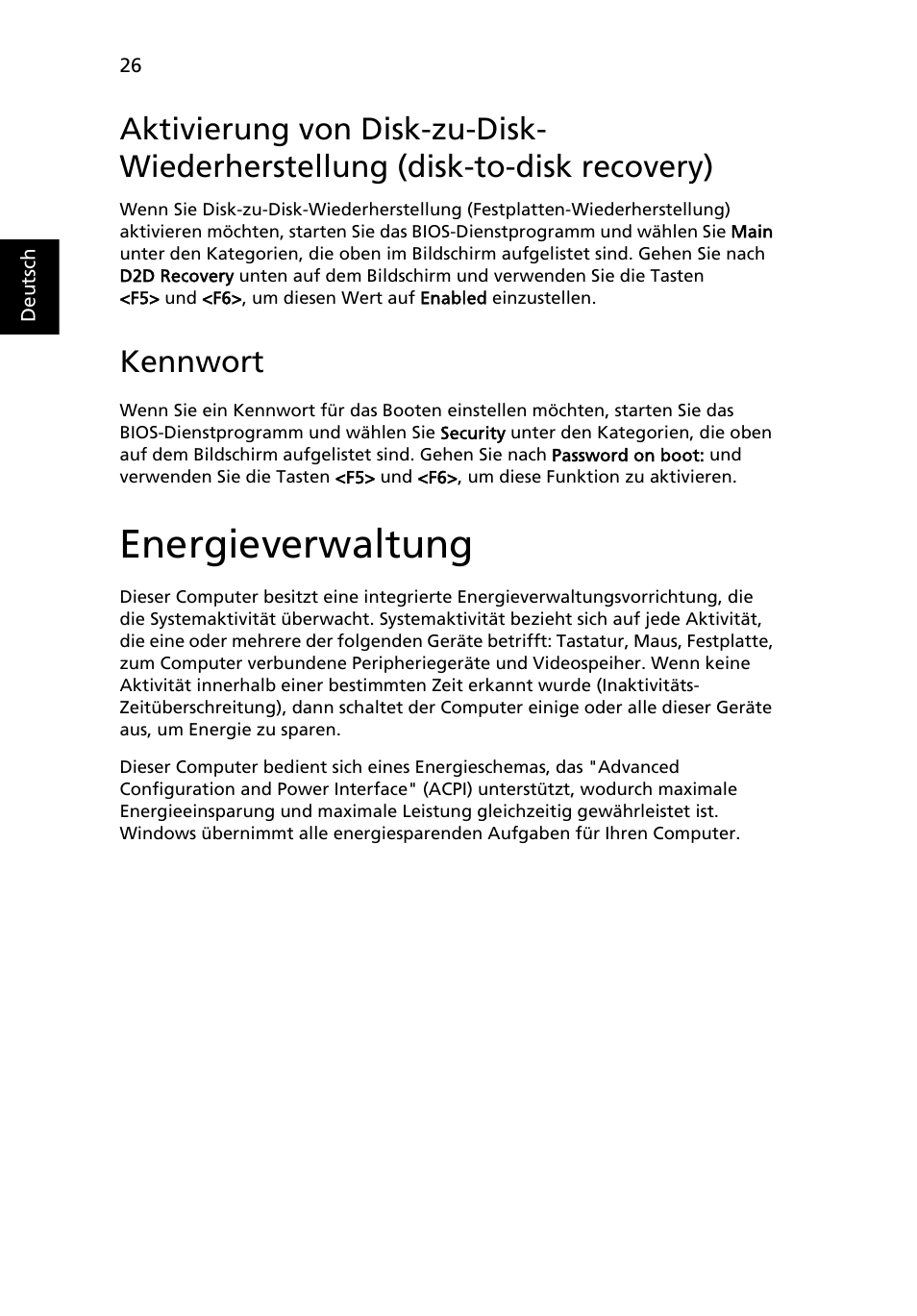 Energieverwaltung, Aktivierung von disk-zu-disk-wiederherstellung, Disk-to-disk recovery) | Kennwort | Acer AOD255E User Manual | Page 148 / 1454