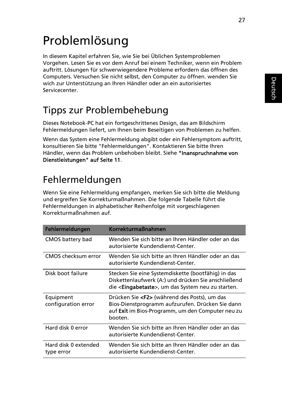 Problemlösung, Tipps zur problembehebung, Fehlermeldungen | Acer AOD255E User Manual | Page 149 / 1454