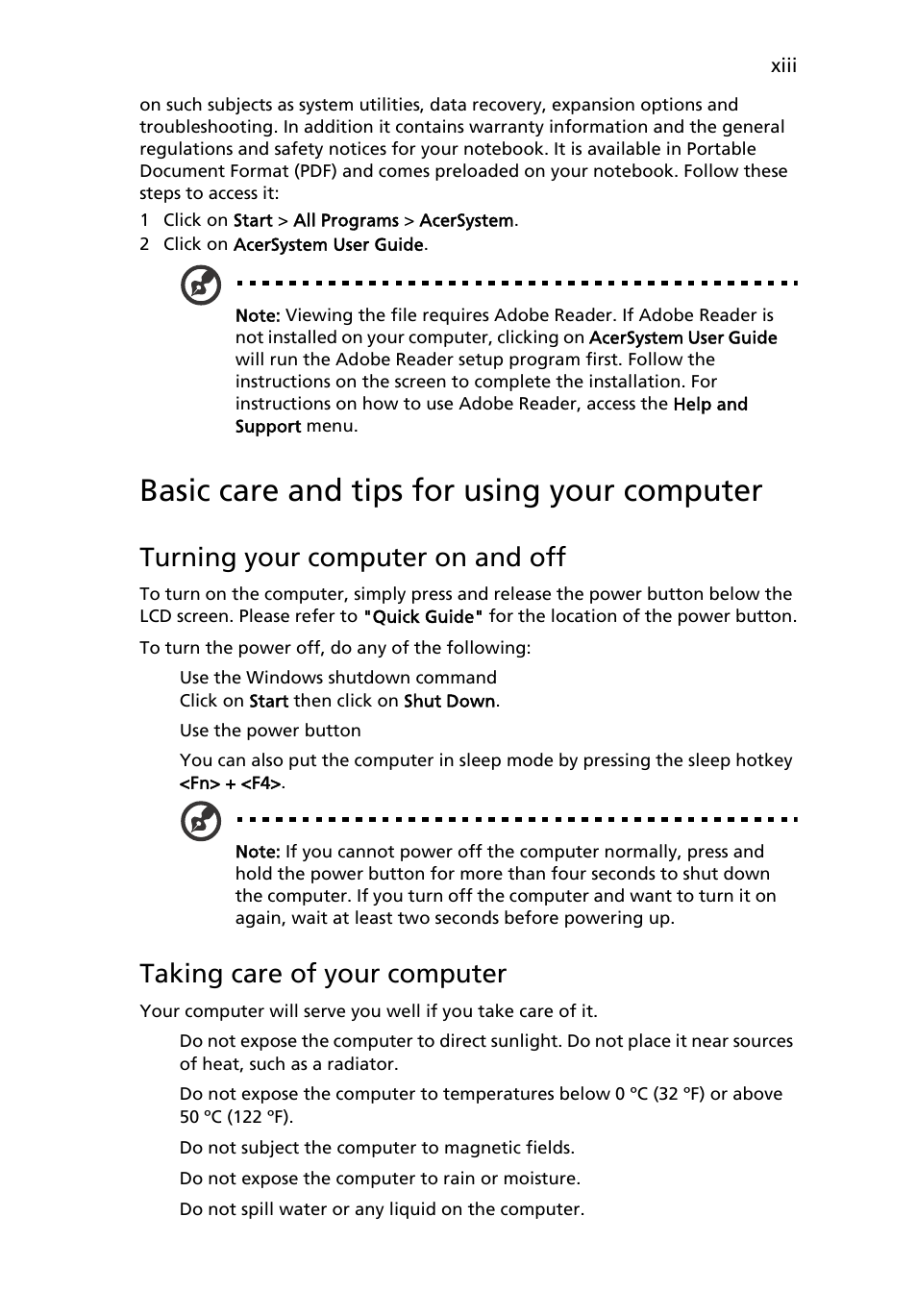 Basic care and tips for using your computer, Turning your computer on and off, Taking care of your computer | Acer AOD255E User Manual | Page 15 / 1454